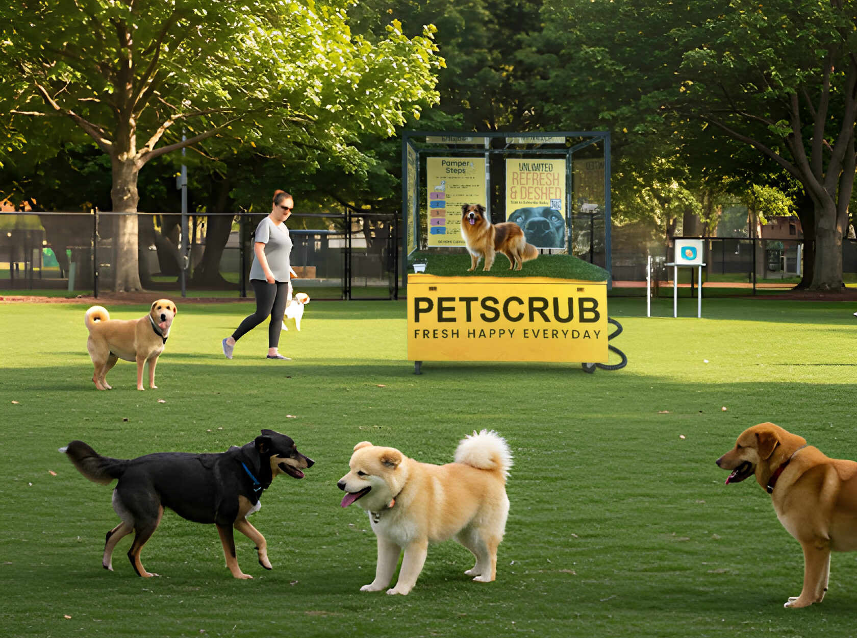 PetScrub Dog Wash cleaning in dog park with dogs playing