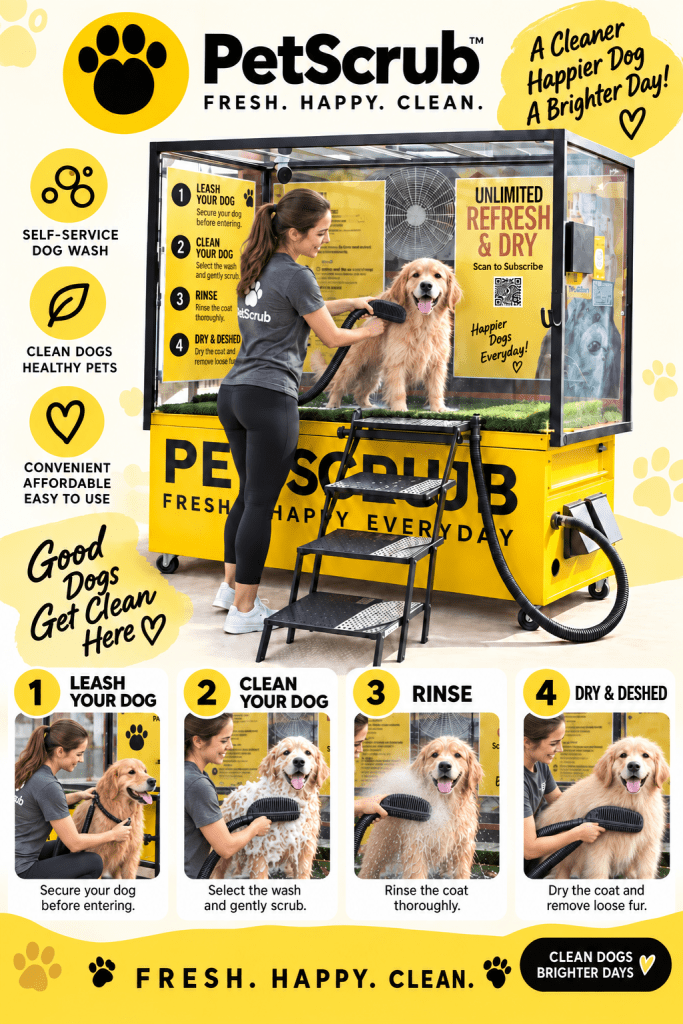 PetScrub self-service dog wash poster showing the 4-step process: leash your dog, clean your dog, rinse, and dry and deshed